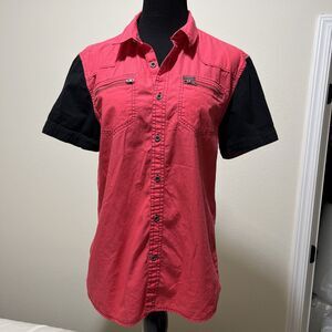 GUESS Button Up Shirt Color Block Pink Black 90s Top Metal Zipper Pockets M